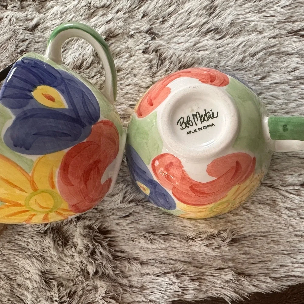 Bob Mackie yellow blue floral botanical oversized vintage mug set